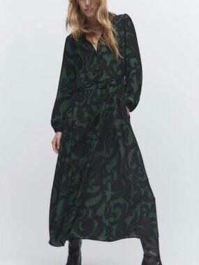 Effortless Printed Dress - 🌿 Dark green & black - Size M
